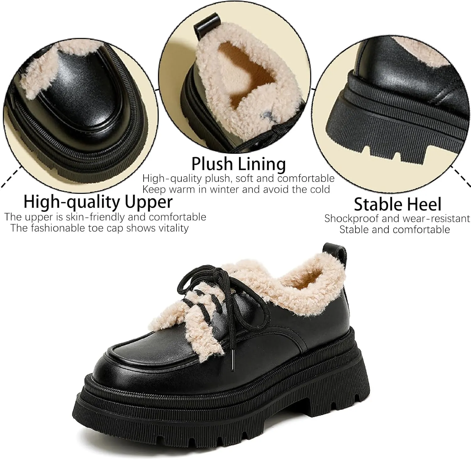 Women's Fur Lined Platform Chunky Heel Loafers Fashion Comfortable Round Toe Lace Up Anti-Slip Lug Sole Leather Shoes for Winter Outdoor Walking Work Office