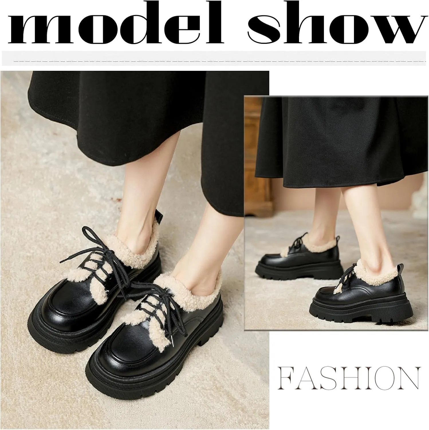 Women's Fur Lined Platform Chunky Heel Loafers Fashion Comfortable Round Toe Lace Up Anti-Slip Lug Sole Leather Shoes for Winter Outdoor Walking Work Office