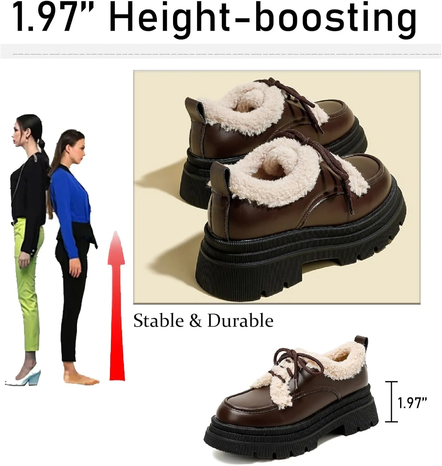 Women's Fur Lined Platform Chunky Heel Loafers Fashion Comfortable Round Toe Lace Up Anti-Slip Lug Sole Leather Shoes for Winter Outdoor Walking Work Office