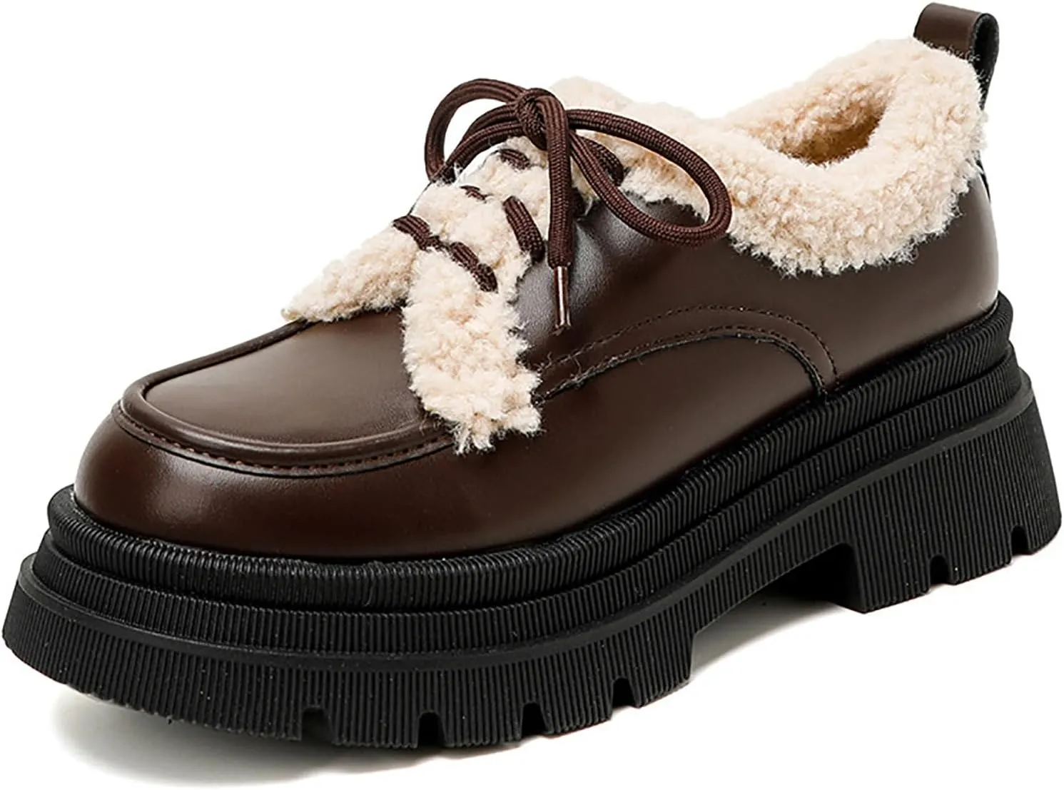 Women's Fur Lined Platform Chunky Heel Loafers Fashion Comfortable Round Toe Lace Up Anti-Slip Lug Sole Leather Shoes for Winter Outdoor Walking Work Office