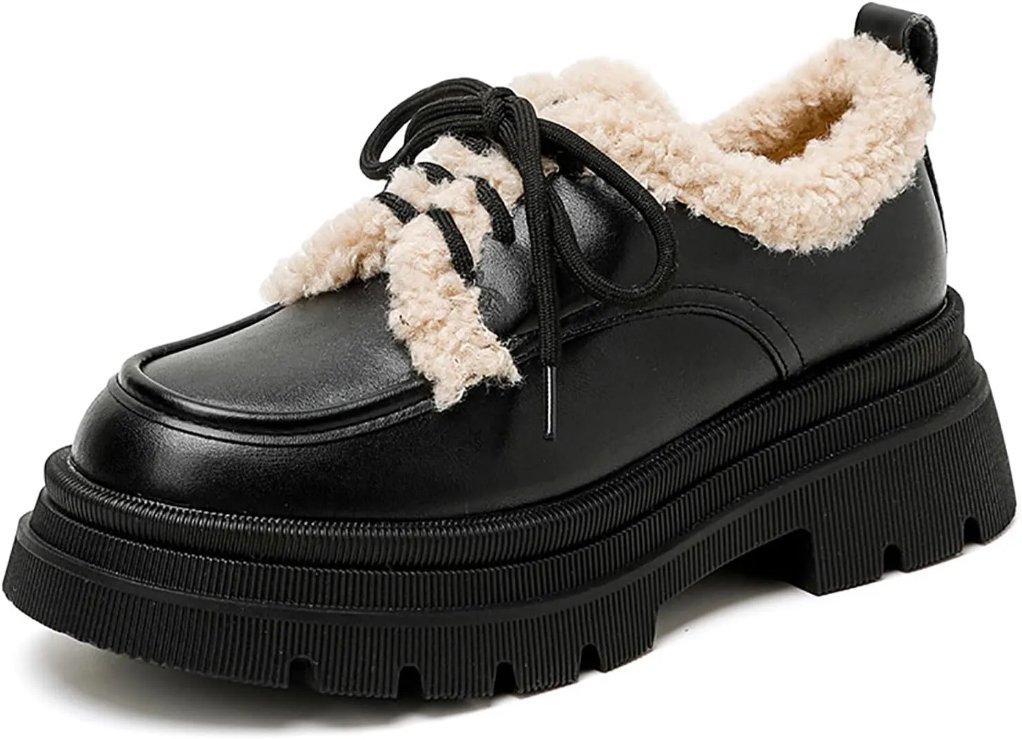 Women's Fur Lined Platform Chunky Heel Loafers Fashion Comfortable Round Toe Lace Up Anti-Slip Lug Sole Leather Shoes for Winter Outdoor Walking Work Office