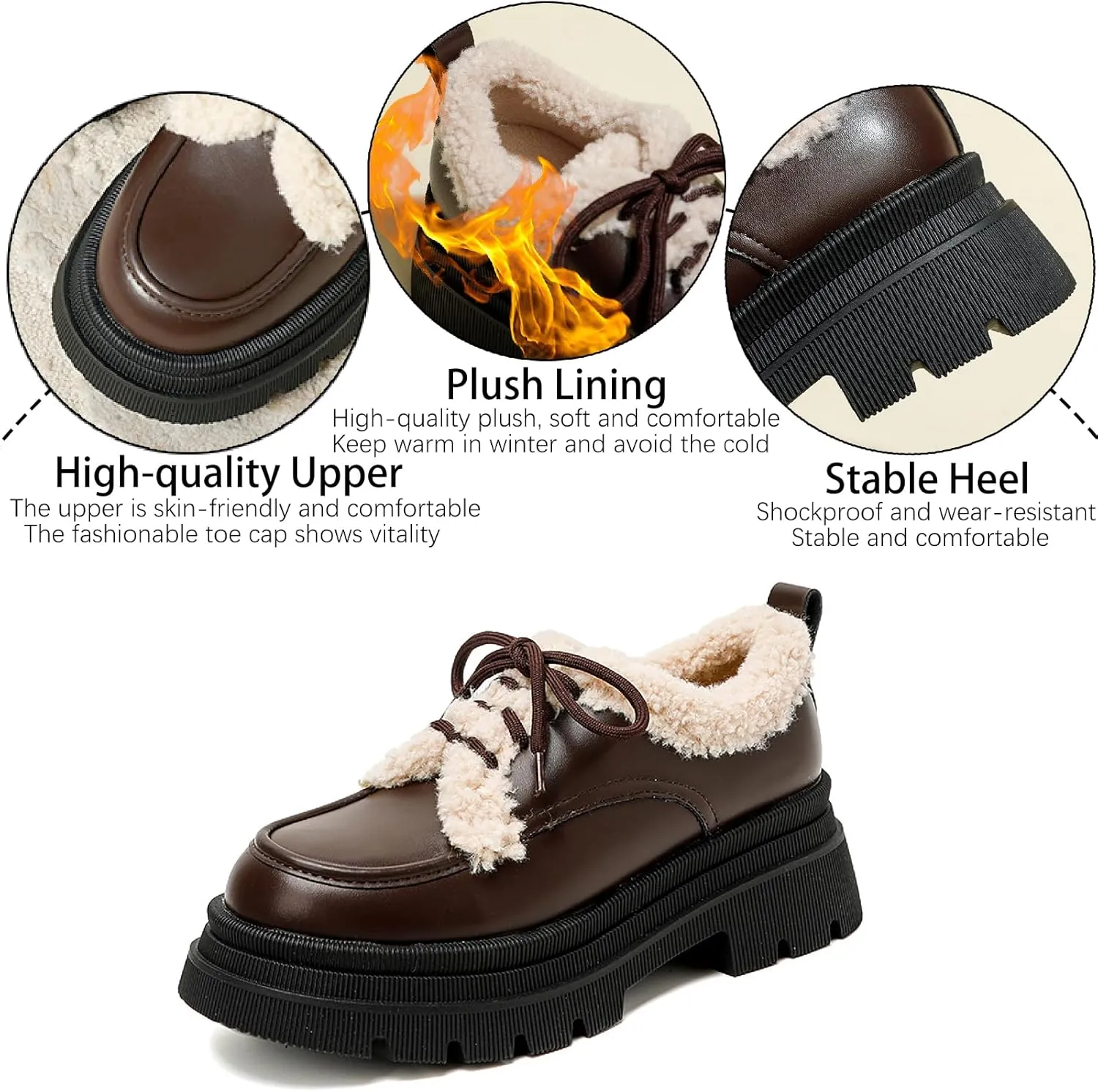 Women's Fur Lined Platform Chunky Heel Loafers Fashion Comfortable Round Toe Lace Up Anti-Slip Lug Sole Leather Shoes for Winter Outdoor Walking Work Office