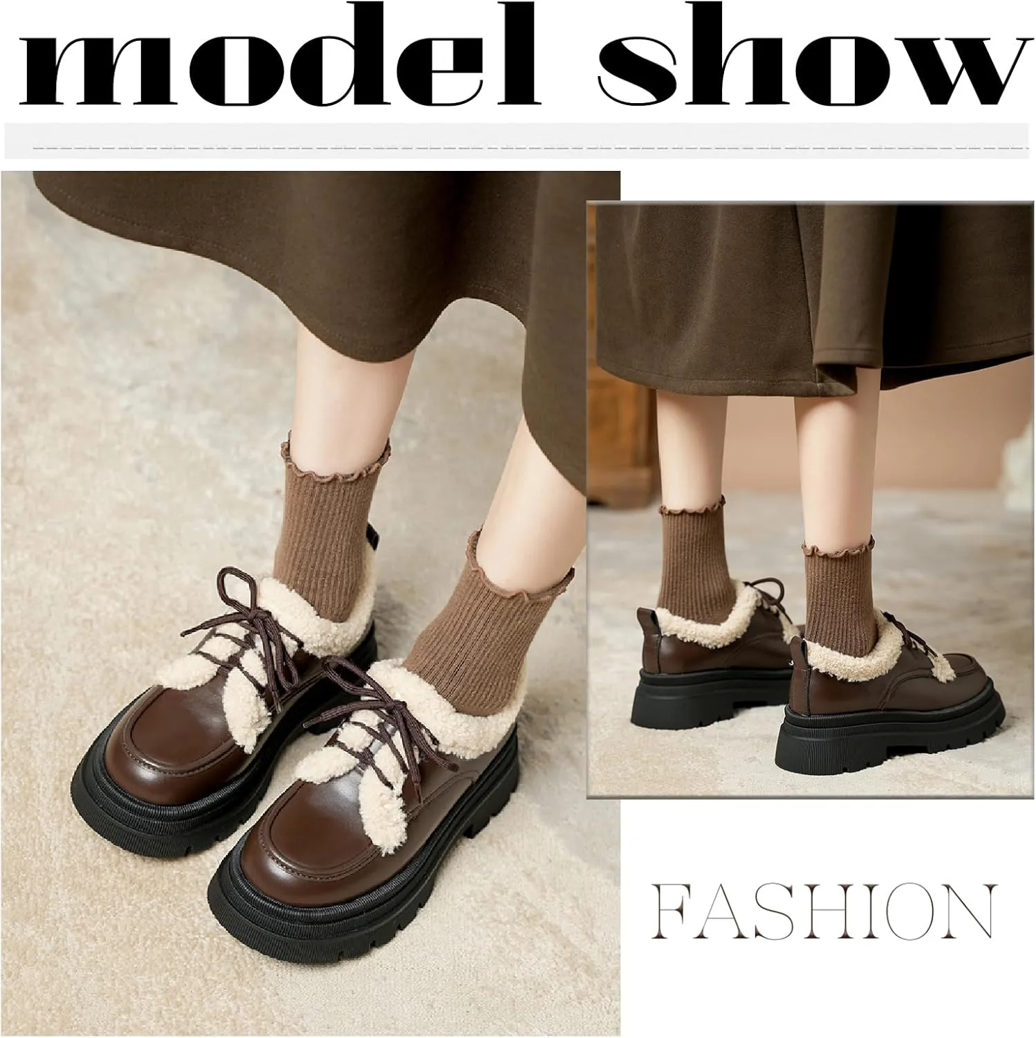 Women's Fur Lined Platform Chunky Heel Loafers Fashion Comfortable Round Toe Lace Up Anti-Slip Lug Sole Leather Shoes for Winter Outdoor Walking Work Office
