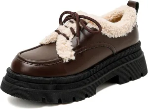 Women's Fur Lined Platform Chunky Heel Loafers Fashion Comfortable Round Toe Lace Up Anti-Slip Lug Sole Leather Shoes for Winter Outdoor Walking Work Office