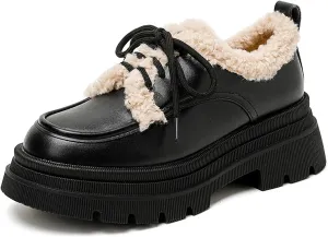 Women's Fur Lined Platform Chunky Heel Loafers Fashion Comfortable Round Toe Lace Up Anti-Slip Lug Sole Leather Shoes for Winter Outdoor Walking Work Office