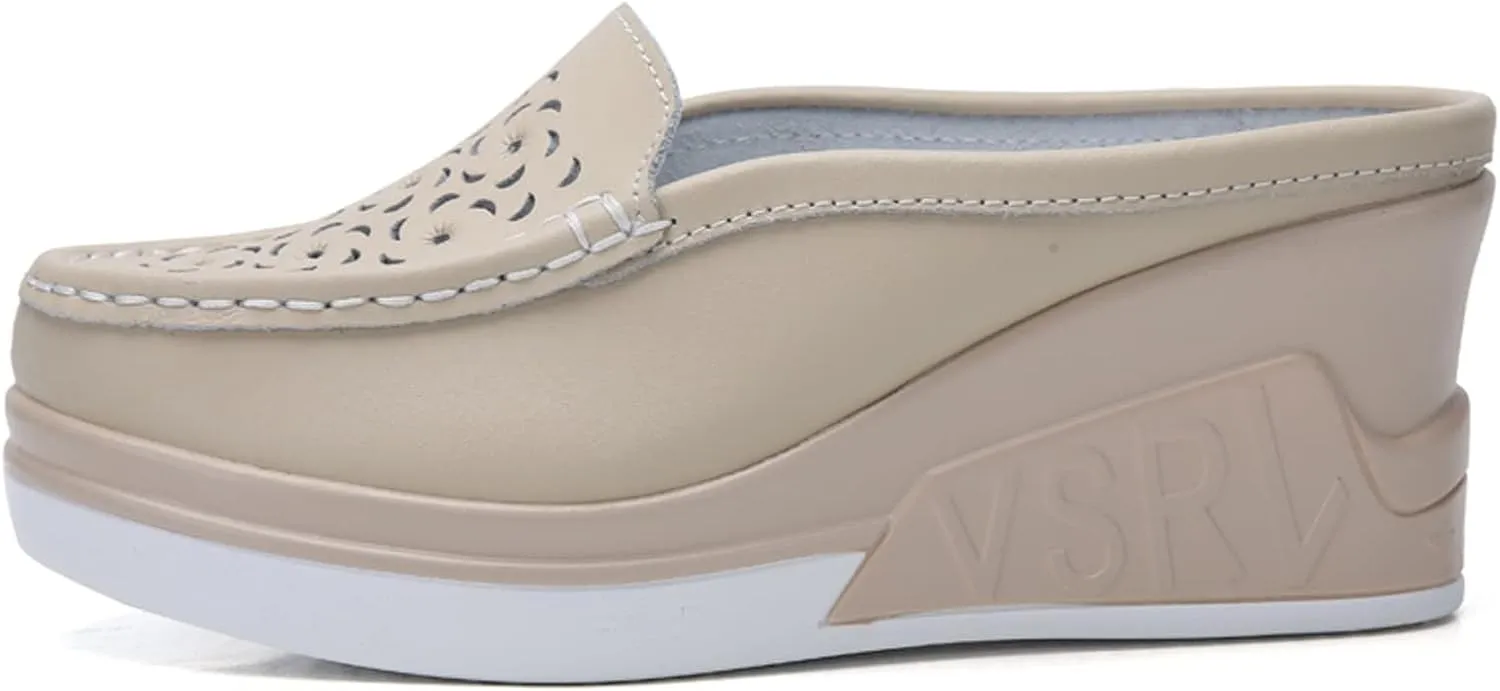 Women's Genuine Leather Hollow Out Platform Backless Mules Sandals,Breathable Comfortable Slip On Nurses Shoes Elegant Wedge Walking Sandals