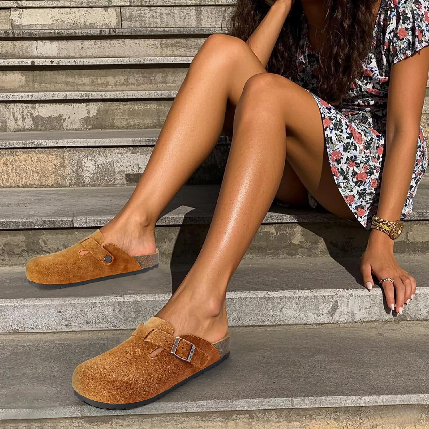 Women’s Genuine Suede Clogs for Women Slip-On Buckle Slides Women's Mules & Clogs Natural Rubber Cork Footbed Sandals Potato Shoes with Arch Support