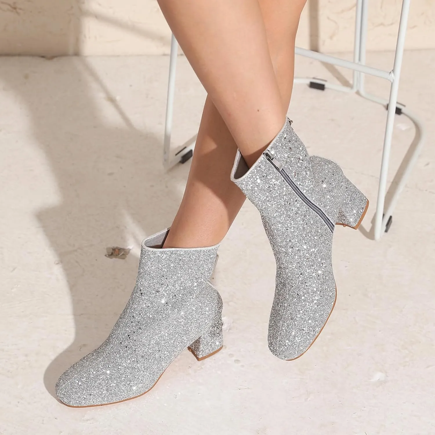 Women's Glitter Ankle Boots Sequin Sparkly Booties Block Heel Side Zip Zipper Wedding Party Dress Shoes
