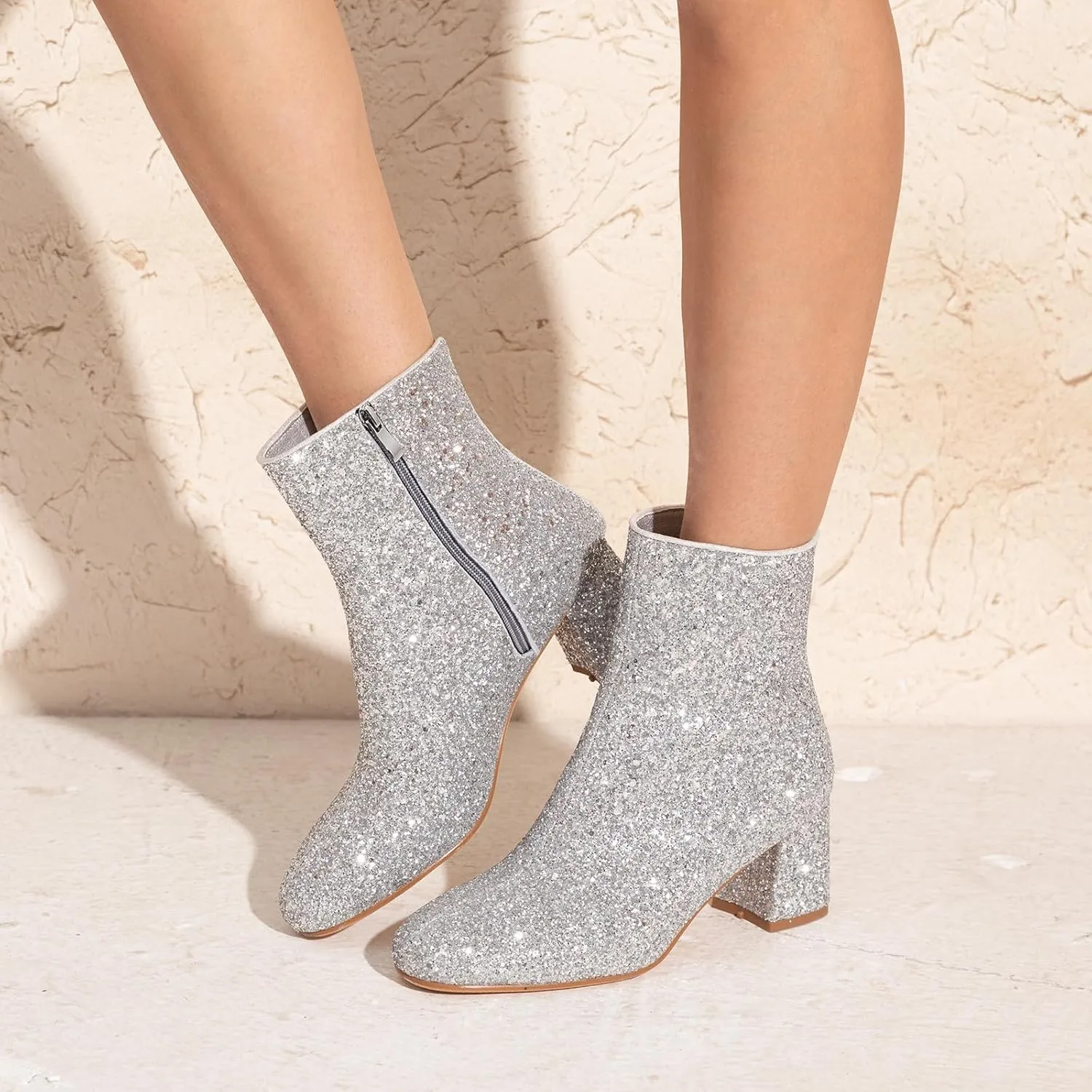 Women's Glitter Ankle Boots Sequin Sparkly Booties Block Heel Side Zip Zipper Wedding Party Dress Shoes