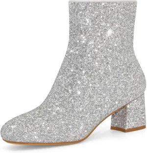 Women's Glitter Ankle Boots Sequin Sparkly Booties Block Heel Side Zip Zipper Wedding Party Dress Shoes
