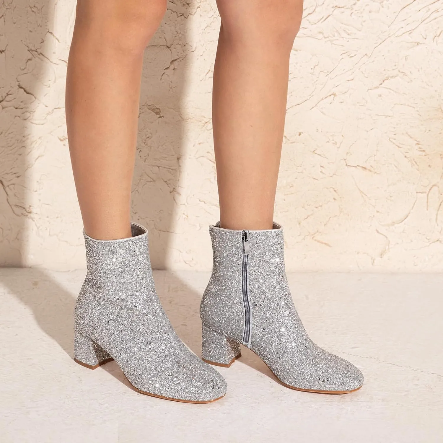 Women's Glitter Ankle Boots Sequin Sparkly Booties Block Heel Side Zip Zipper Wedding Party Dress Shoes