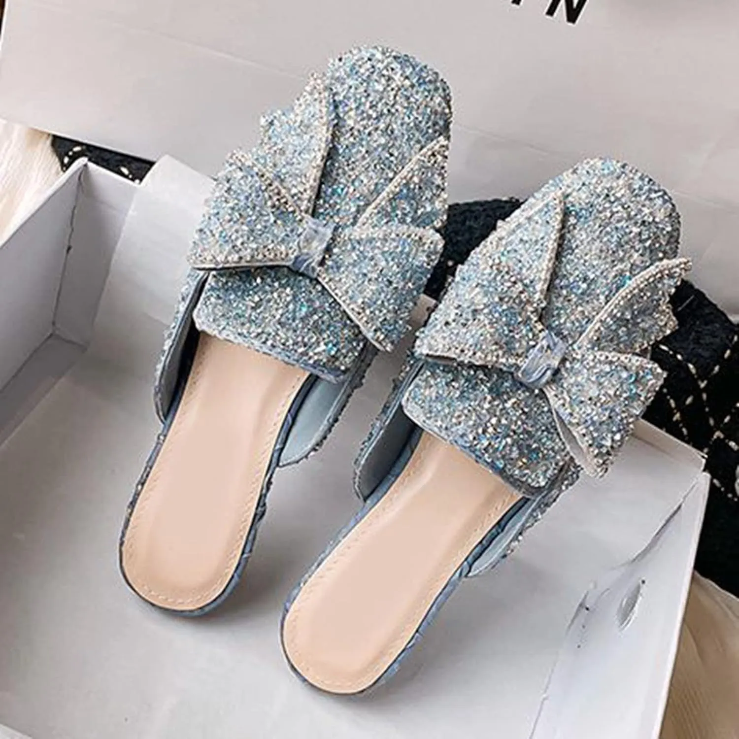 Women's Glitter Rhinestone Mule Flats Closed Toe Sequin Sparkly Bow Backless Slip On Loafer Slides