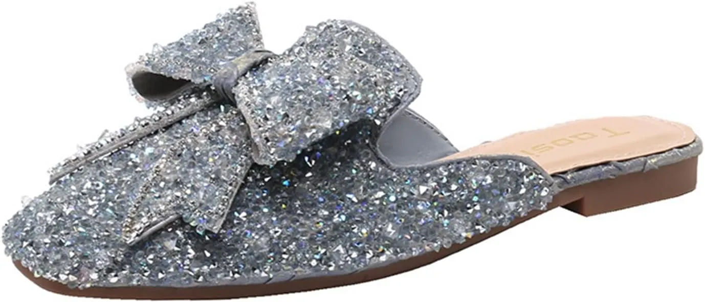 Women's Glitter Rhinestone Mule Flats Closed Toe Sequin Sparkly Bow Backless Slip On Loafer Slides