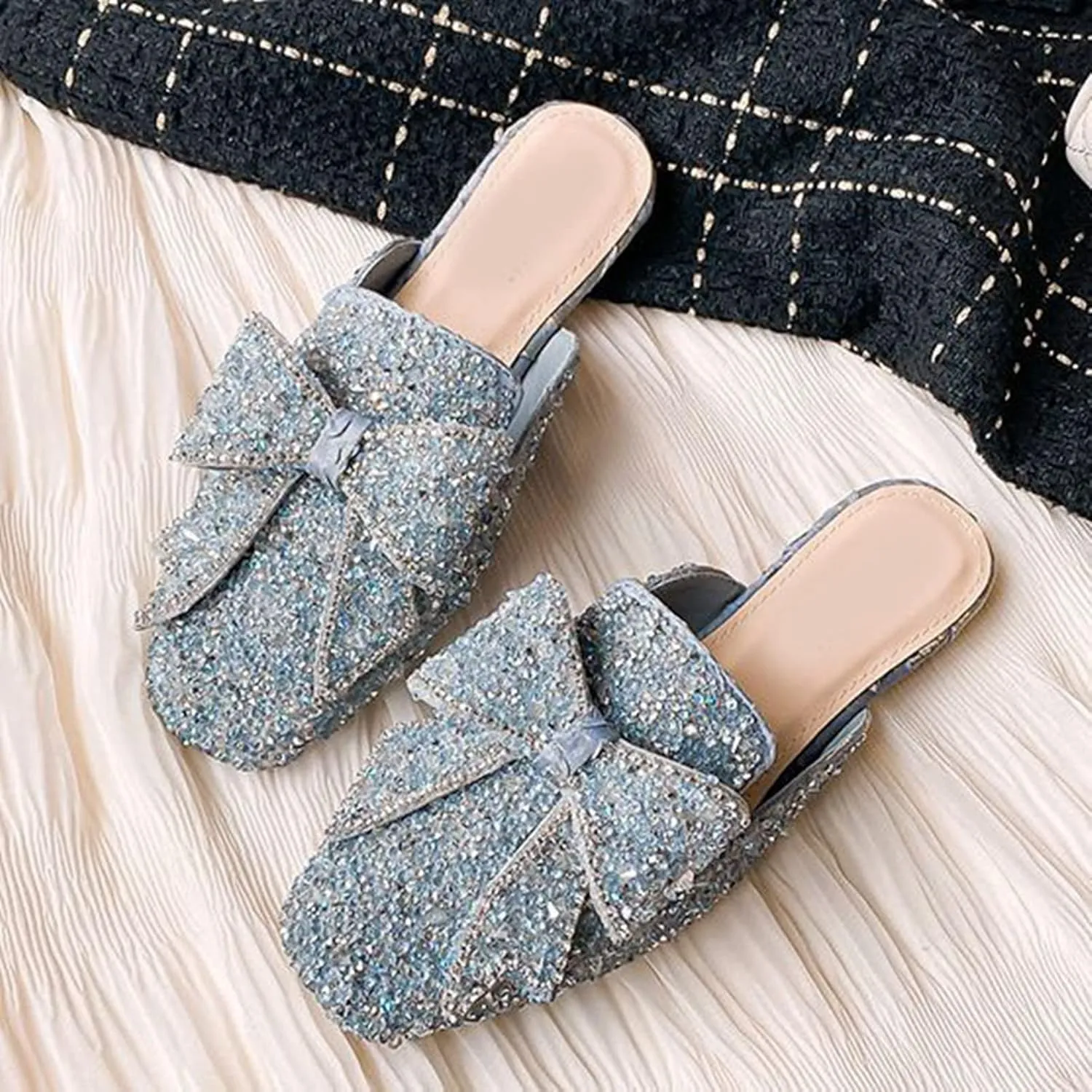 Women's Glitter Rhinestone Mule Flats Closed Toe Sequin Sparkly Bow Backless Slip On Loafer Slides