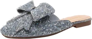 Women's Glitter Rhinestone Mule Flats Closed Toe Sequin Sparkly Bow Backless Slip On Loafer Slides