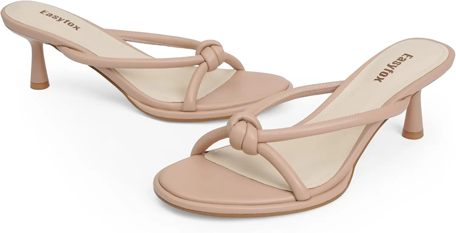 Womens Heeled Sandals Rounded Open Toe Kitten Heels Slip on Bow Mules Sandals Comfort Dress Party Shoes