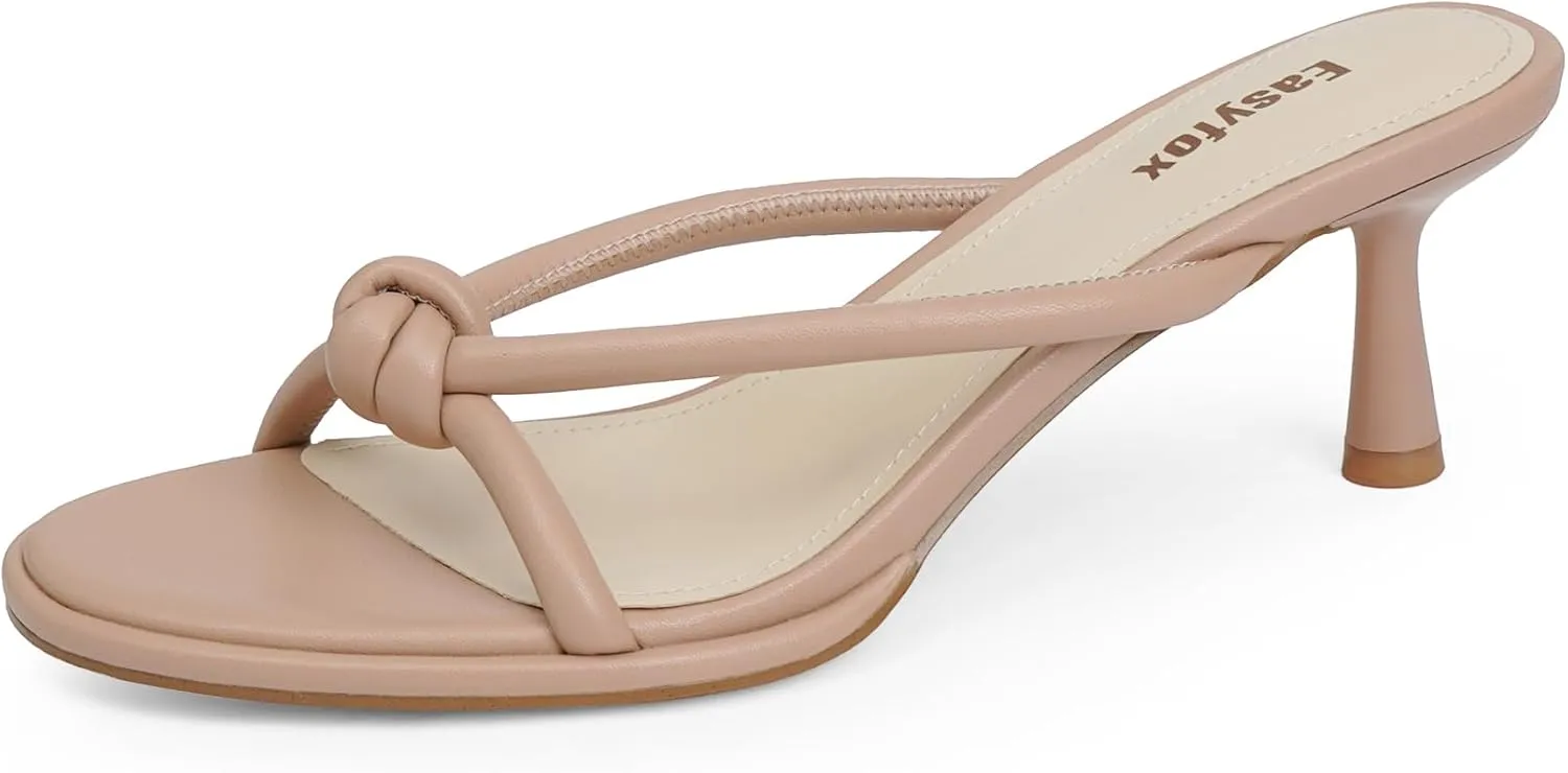 Womens Heeled Sandals Rounded Open Toe Kitten Heels Slip on Bow Mules Sandals Comfort Dress Party Shoes