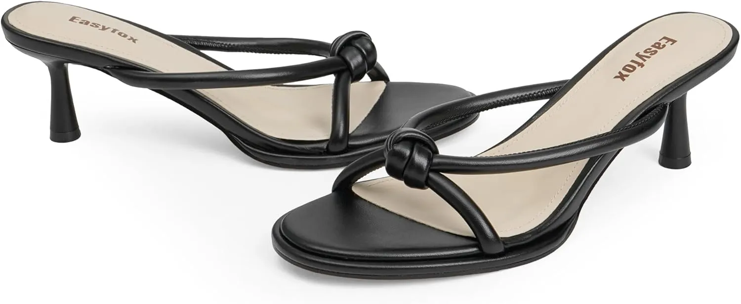 Womens Heeled Sandals Rounded Open Toe Kitten Heels Slip on Bow Mules Sandals Comfort Dress Party Shoes