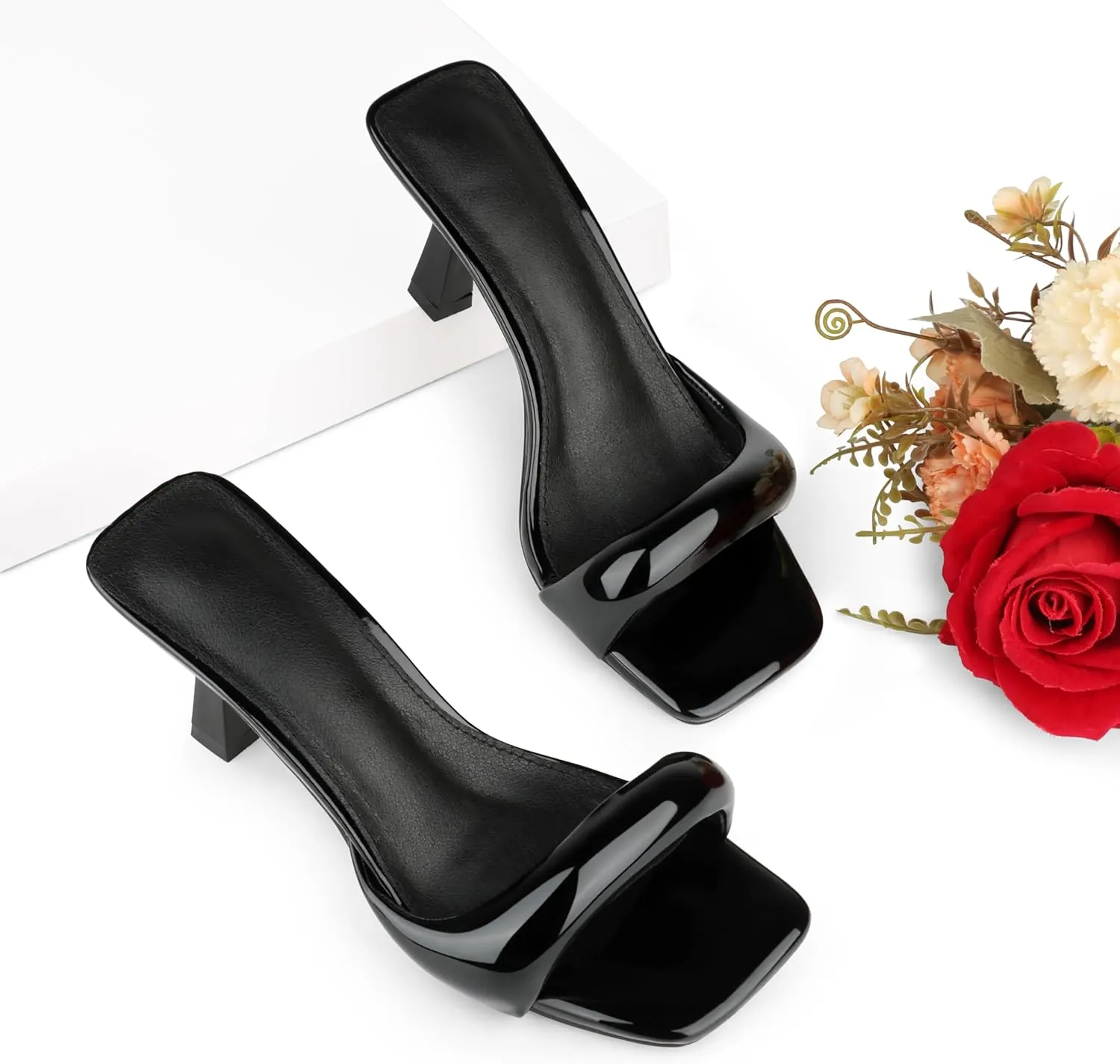 Women's High Heels Sandals Square Open Toe Heels Backless Slip on Heeled Mules for Party Wedding