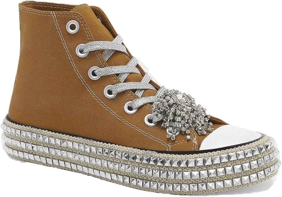 Womens High-Top Canvas Sneakers Studded Rhinestone Side Shoes Lace Up Fashion Shoes Casual Platform Ankle Boots