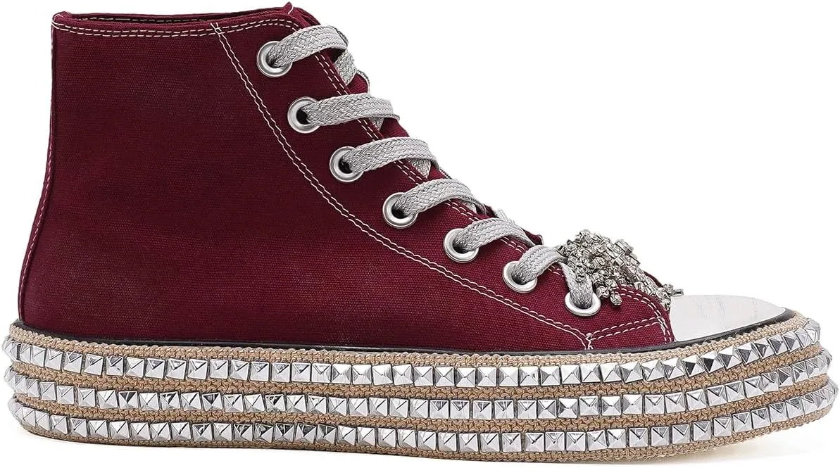 Womens High-Top Canvas Sneakers Studded Rhinestone Side Shoes Lace Up Fashion Shoes Casual Platform Ankle Boots