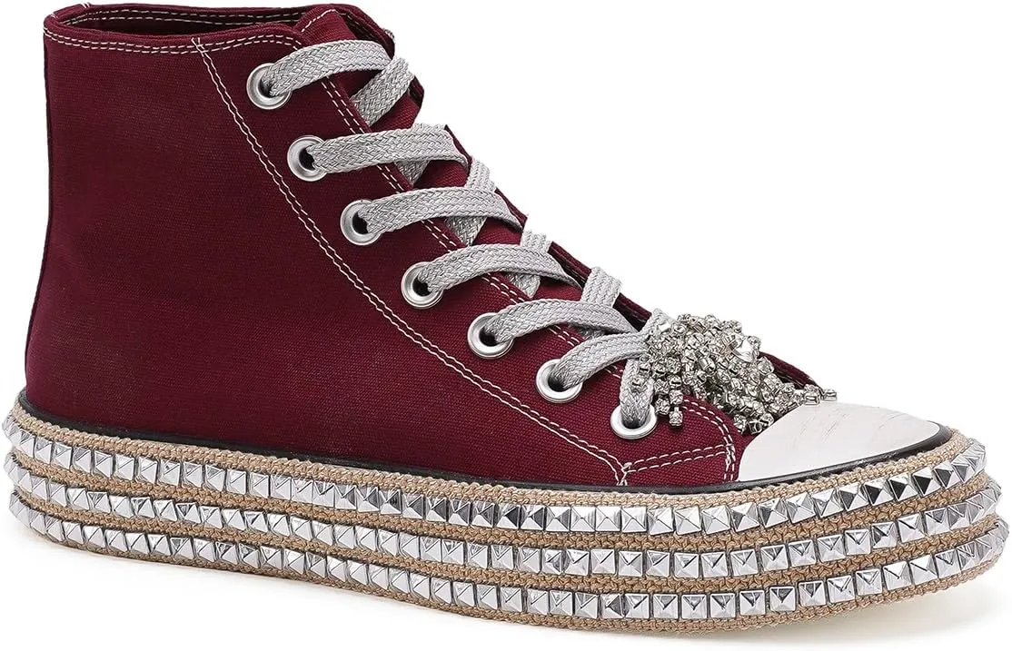 Womens High-Top Canvas Sneakers Studded Rhinestone Side Shoes Lace Up Fashion Shoes Casual Platform Ankle Boots