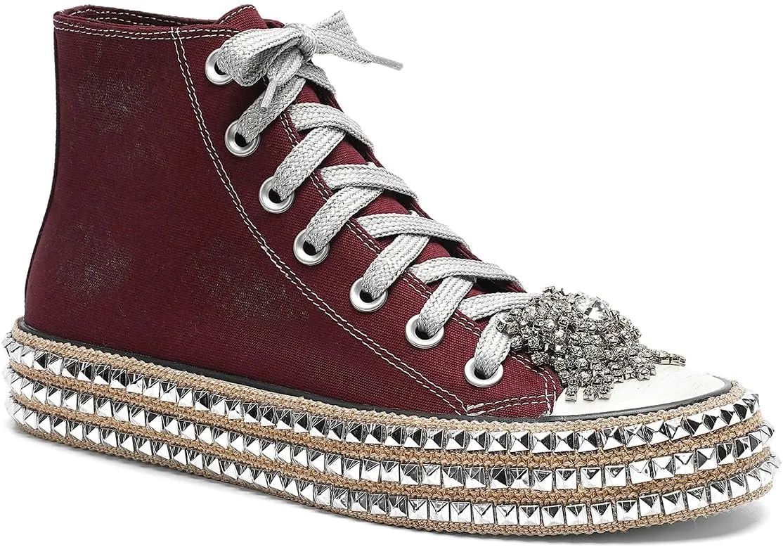 Womens High-Top Canvas Sneakers Studded Rhinestone Side Shoes Lace Up Fashion Shoes Casual Platform Ankle Boots