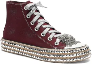 Womens High-Top Canvas Sneakers Studded Rhinestone Side Shoes Lace Up Fashion Shoes Casual Platform Ankle Boots