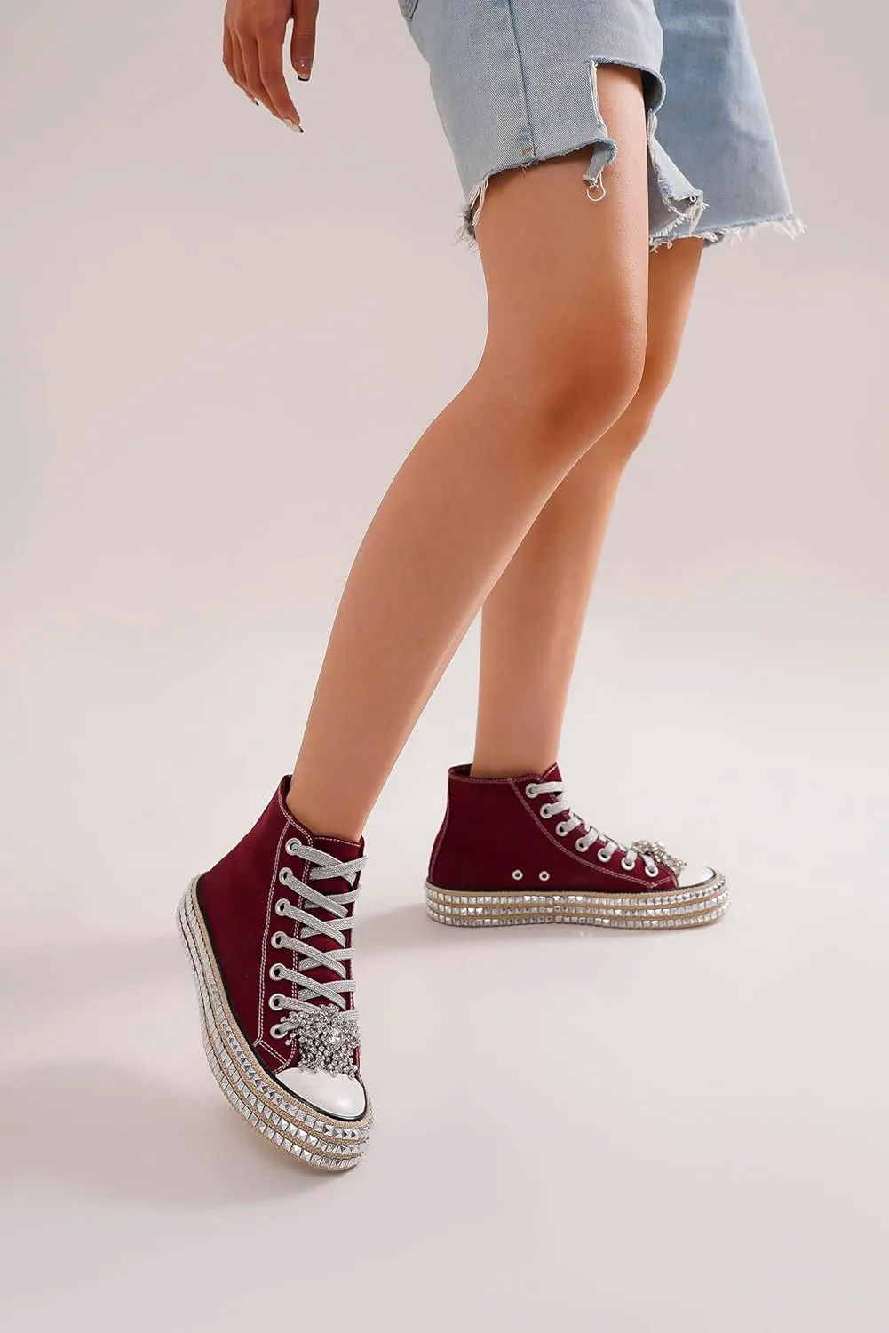 Womens High-Top Canvas Sneakers Studded Rhinestone Side Shoes Lace Up Fashion Shoes Casual Platform Ankle Boots