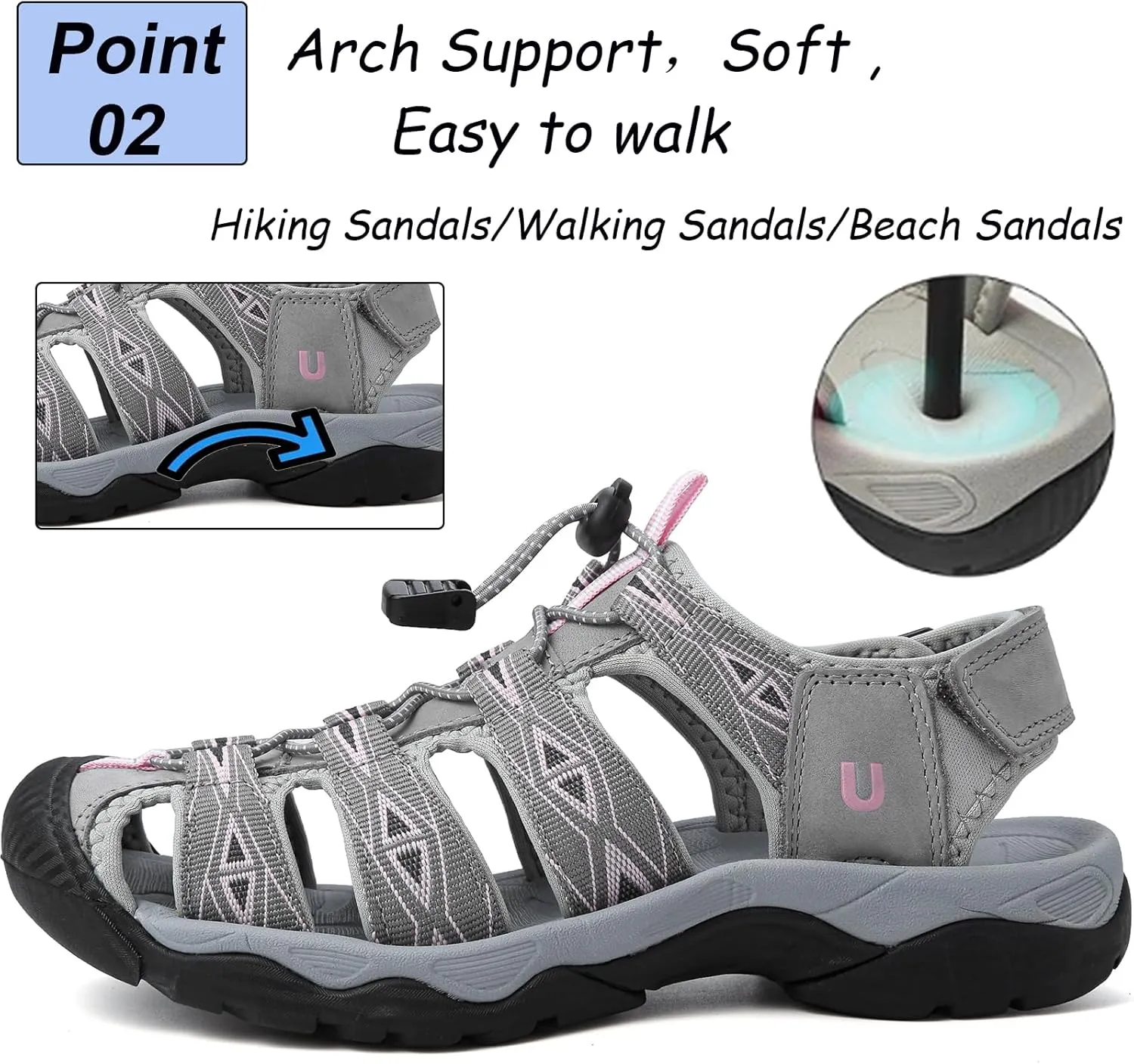 Women's Hiking Sandals Outdoor Sport Sandals Closed Toe Summer Ladies Beach Walking Sandals Water Shoes Arch Support Adjustable