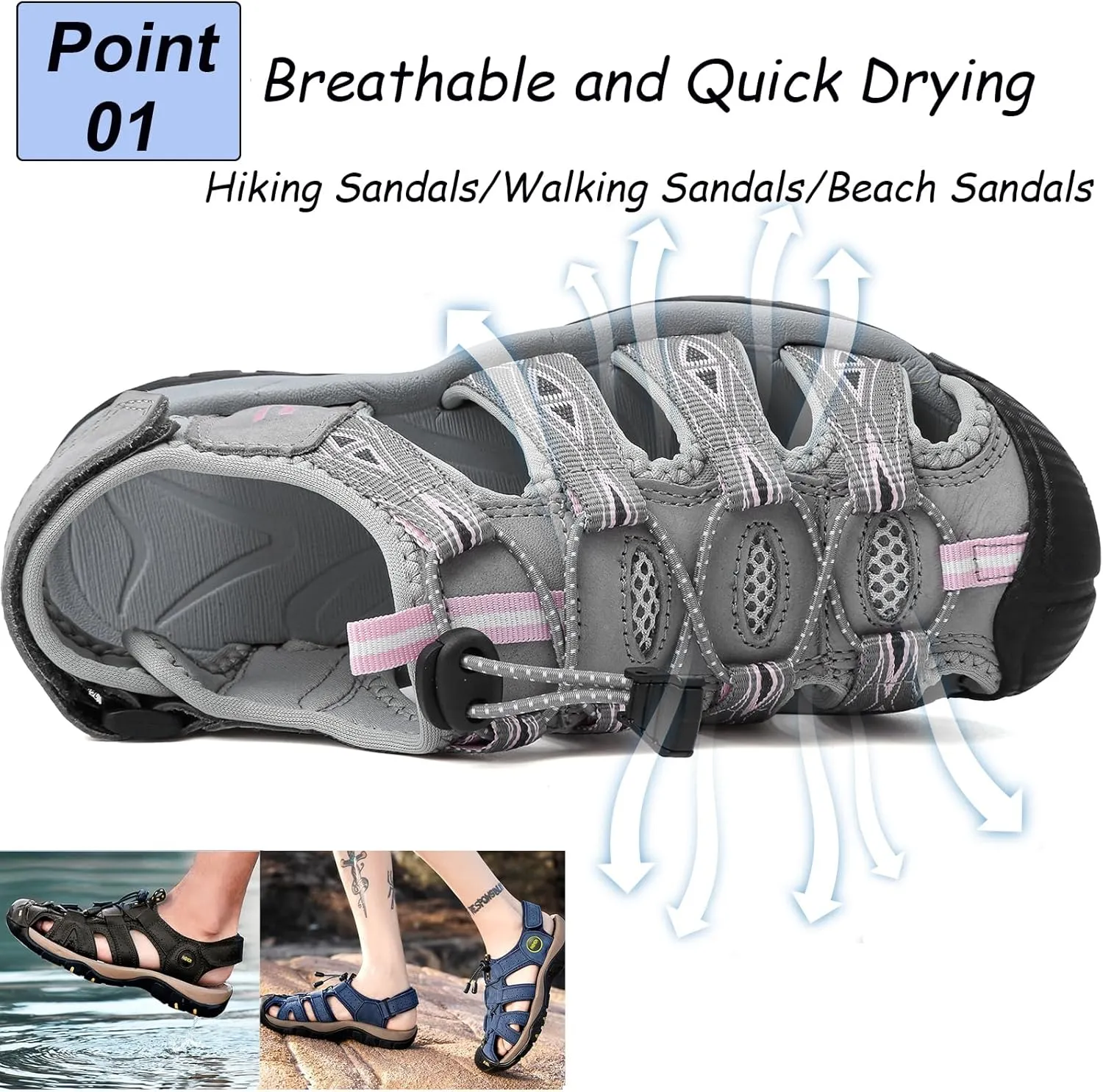 Women's Hiking Sandals Outdoor Sport Sandals Closed Toe Summer Ladies Beach Walking Sandals Water Shoes Arch Support Adjustable