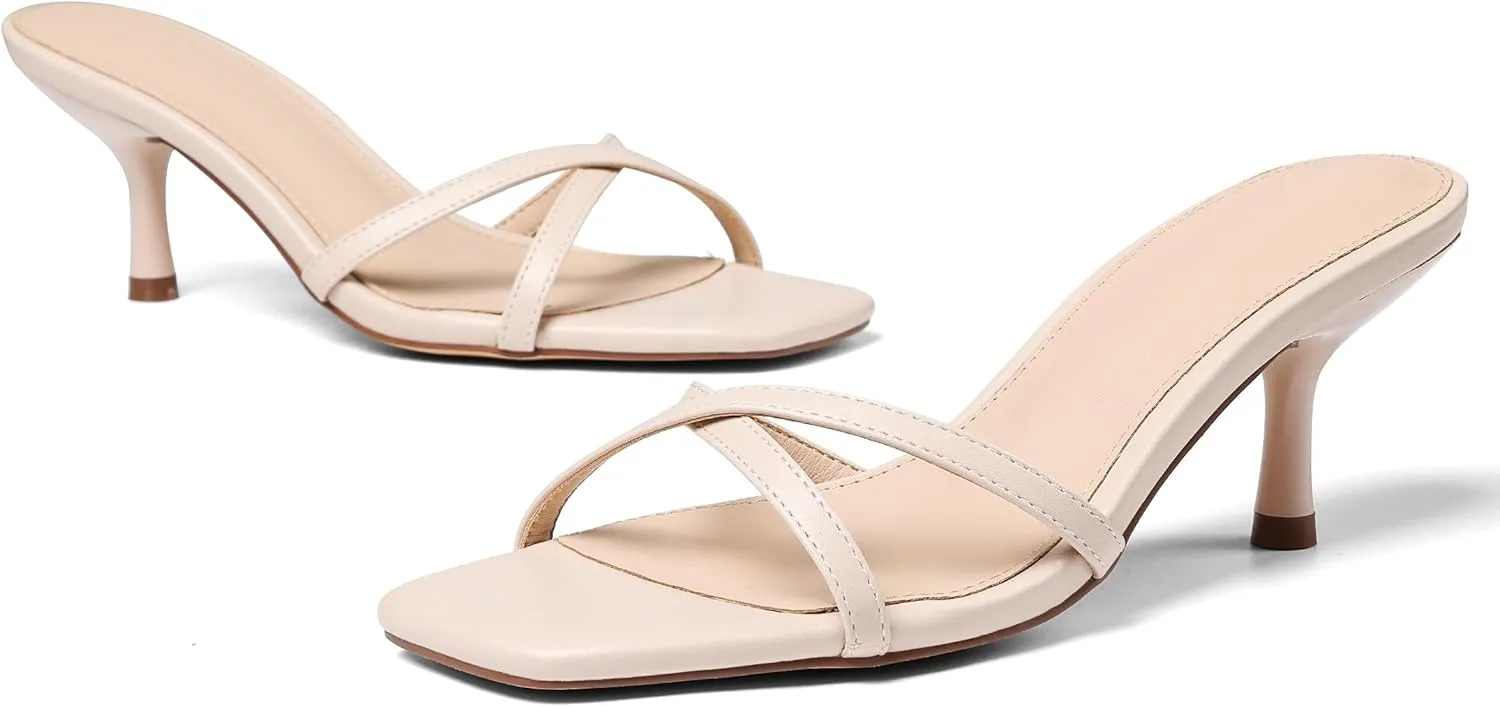 Womens Kitten Heels Open Square Toe Low Heeled Sandals Cross Band Slip on Stiletto Heels Comfort Mules Slides Summer Dress Pumps
