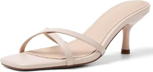 Womens Kitten Heels Open Square Toe Low Heeled Sandals Cross Band Slip on Stiletto Heels Comfort Mules Slides Summer Dress Pumps