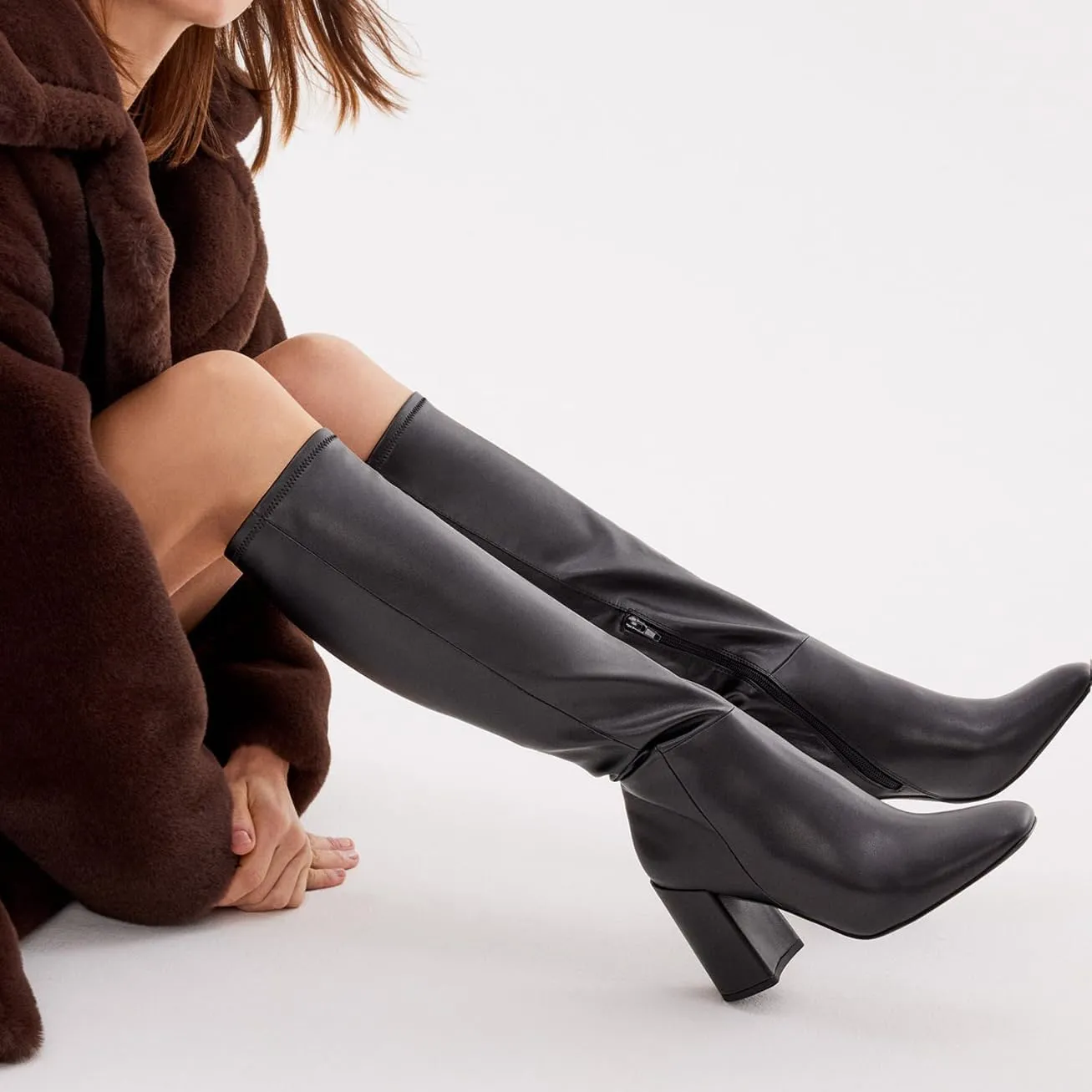 Women's Knee High Boots Faux Leather Square To Tall Boots Fashion Chunky Block Heel Long Boots with Side Zip