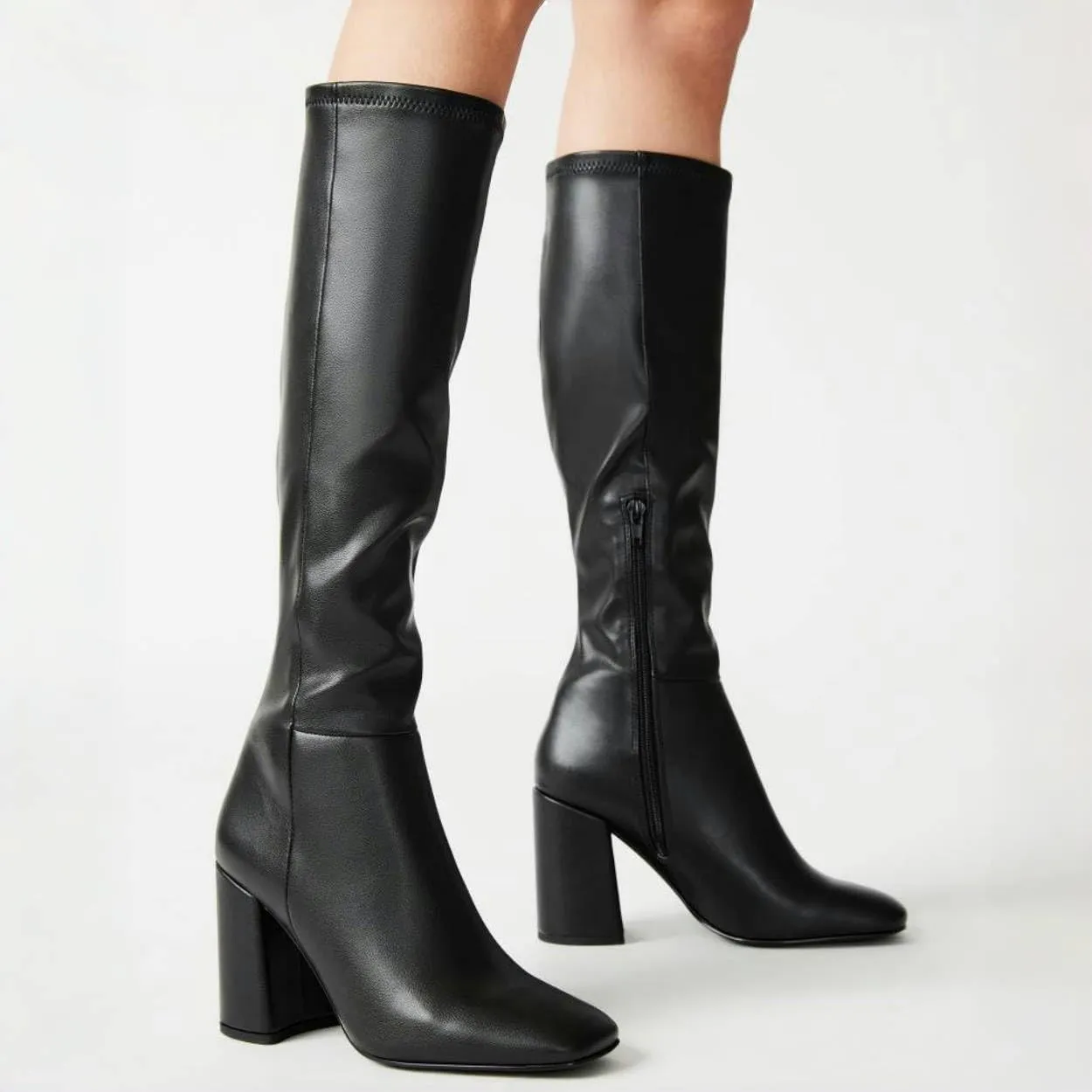 Women's Knee High Boots Faux Leather Square To Tall Boots Fashion Chunky Block Heel Long Boots with Side Zip