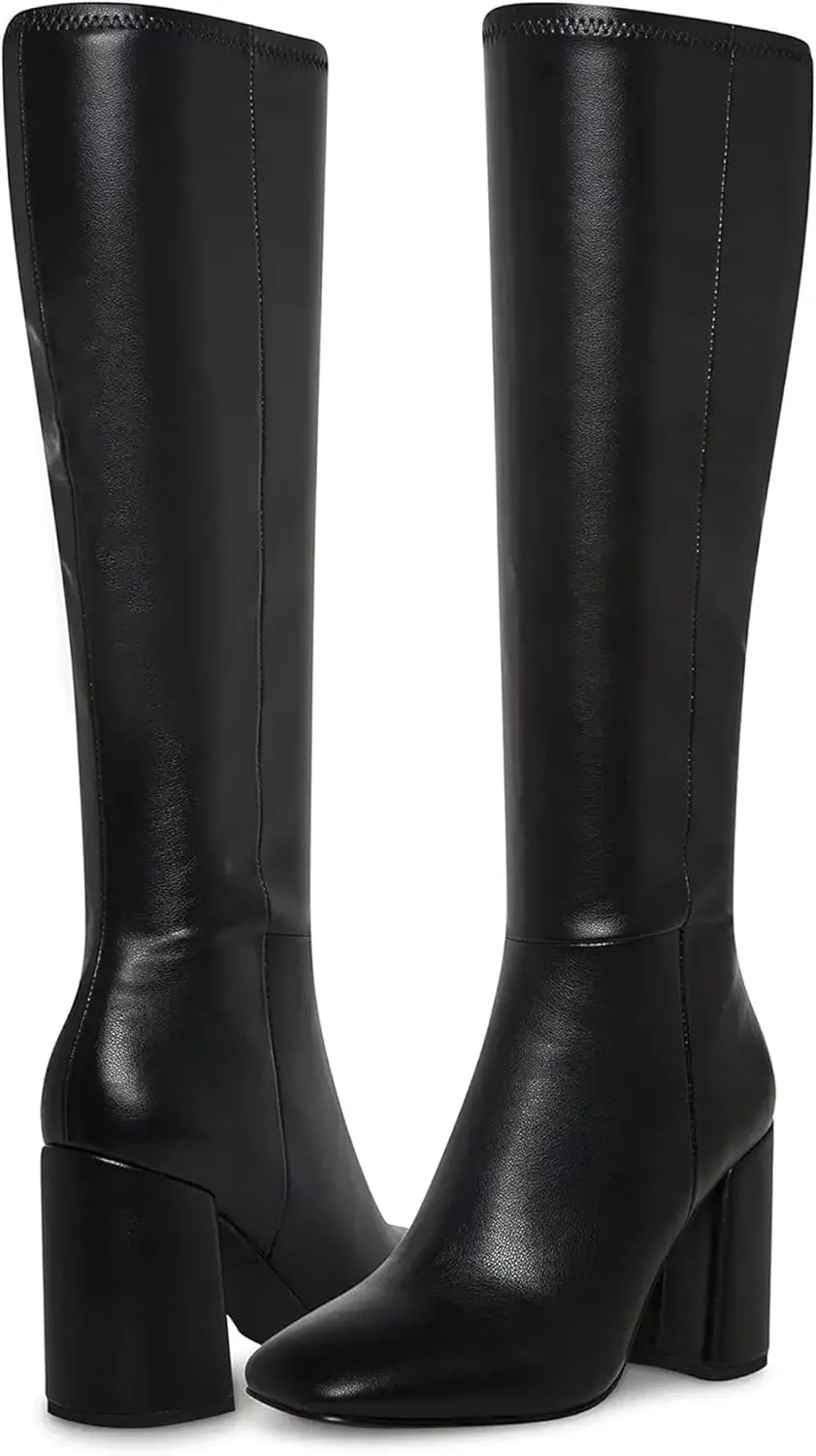 Women's Knee High Boots Faux Leather Square To Tall Boots Fashion Chunky Block Heel Long Boots with Side Zip