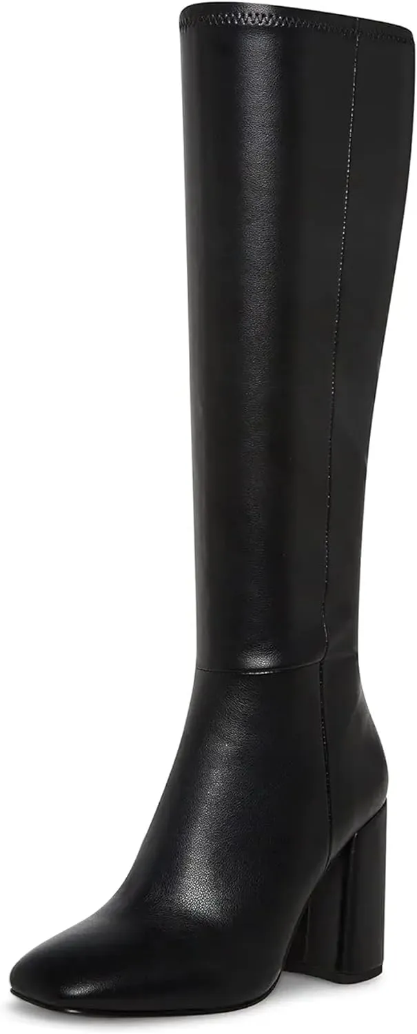 Women's Knee High Boots Faux Leather Square To Tall Boots Fashion Chunky Block Heel Long Boots with Side Zip