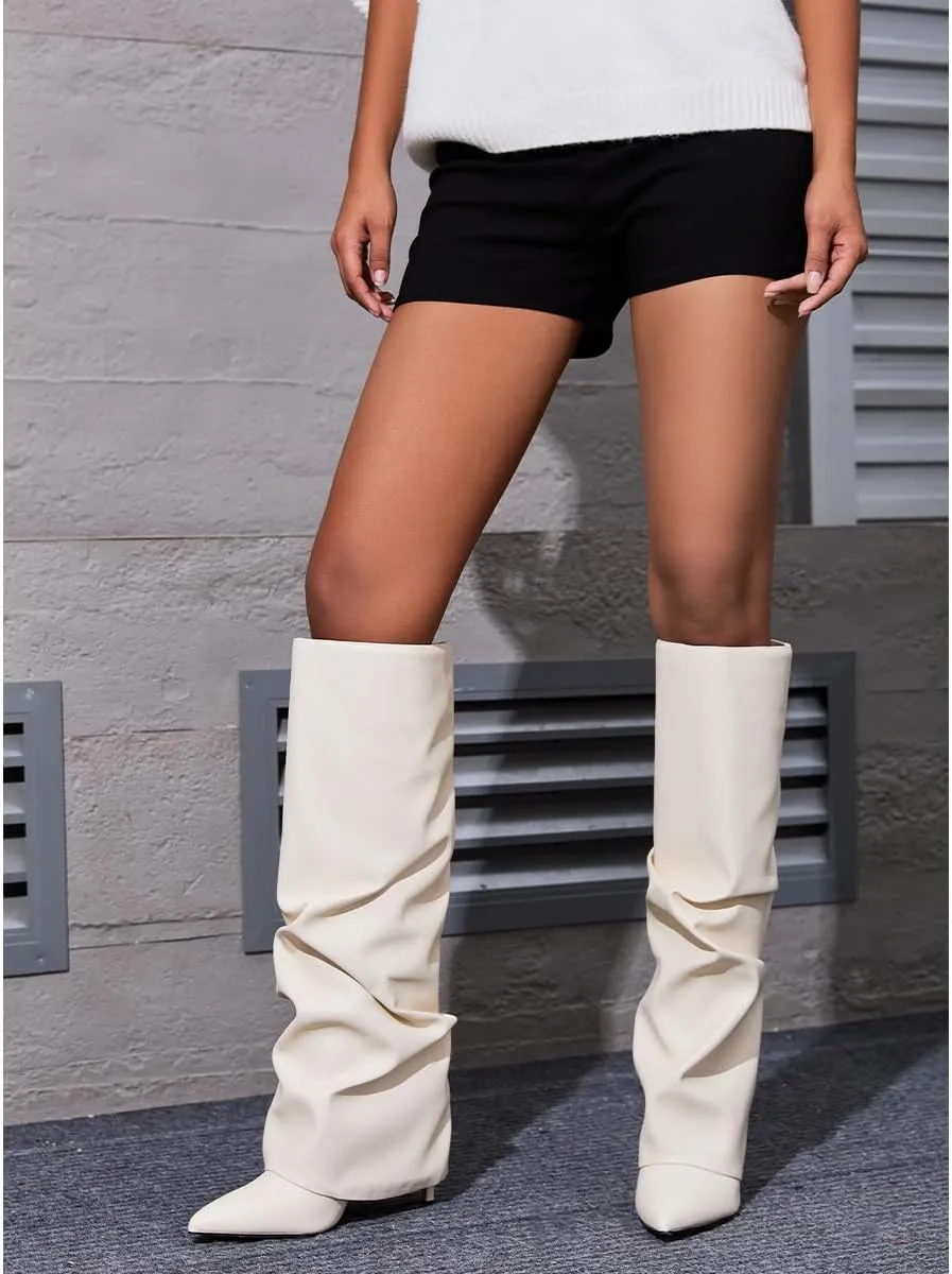 Women's Knee High Boots Fold Over Side Zipper Long Boots Pointed Toe Black White Women Dress Tall Boots for Women