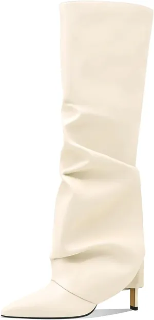 Women's Knee High Boots Fold Over Side Zipper Long Boots Pointed Toe Black White Women Dress Tall Boots for Women