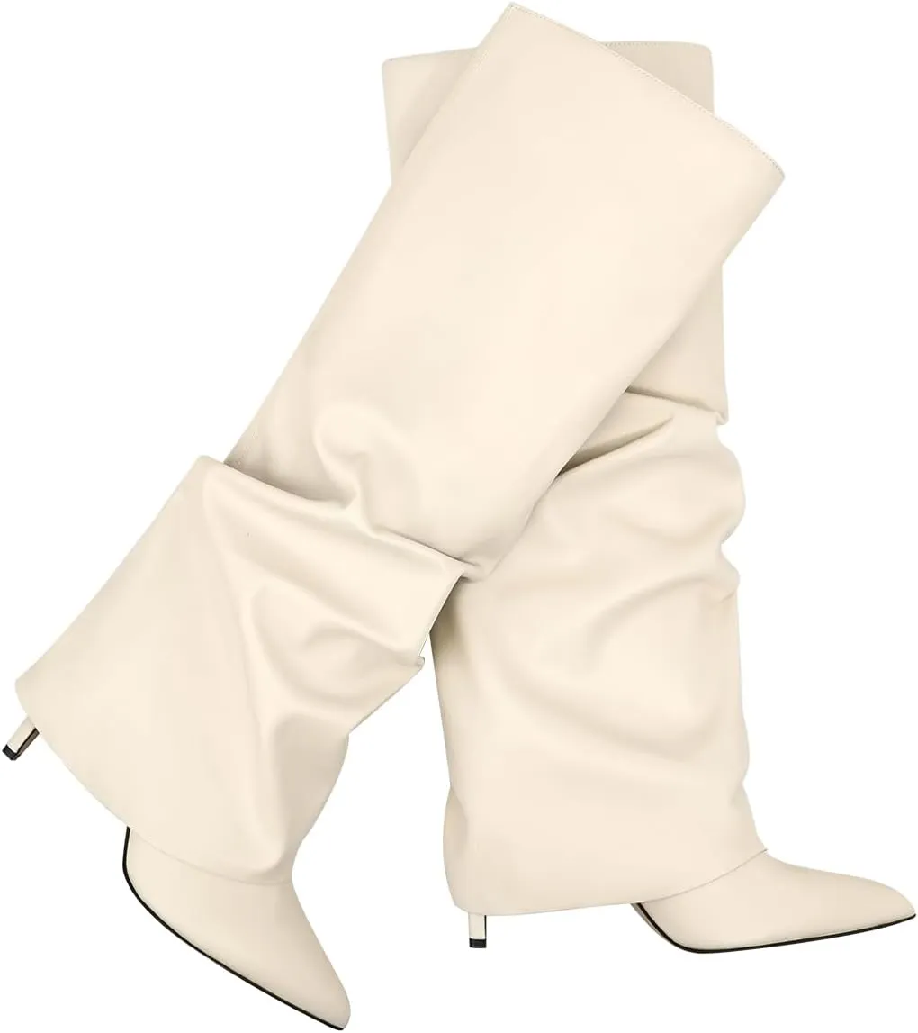 Women's Knee High Boots Fold Over Side Zipper Long Boots Pointed Toe Black White Women Dress Tall Boots for Women