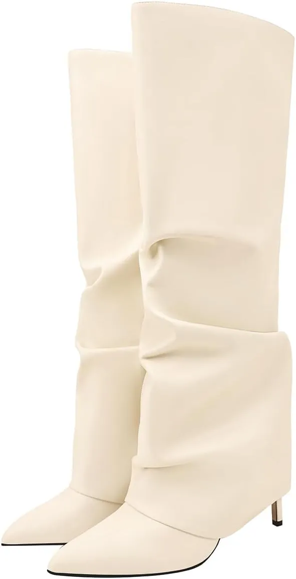 Women's Knee High Boots Fold Over Side Zipper Long Boots Pointed Toe Black White Women Dress Tall Boots for Women