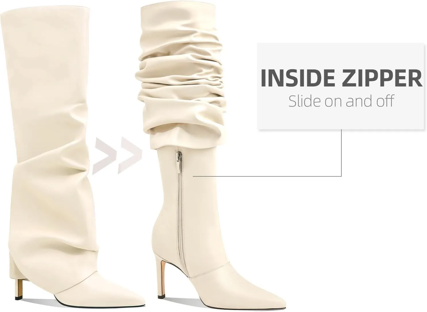 Women's Knee High Boots Fold Over Side Zipper Long Boots Pointed Toe Black White Women Dress Tall Boots for Women