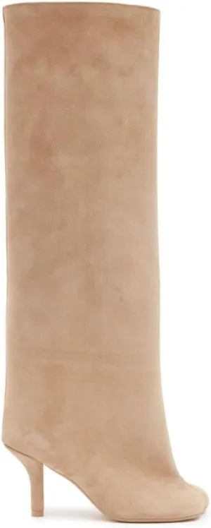 Women's Knee High Boots Nude Suede Wide Calf Stiletto Long Booties Square Toe Pull On High Heel Riding Boots for Women Ladies Fahion Dress Tall Boots