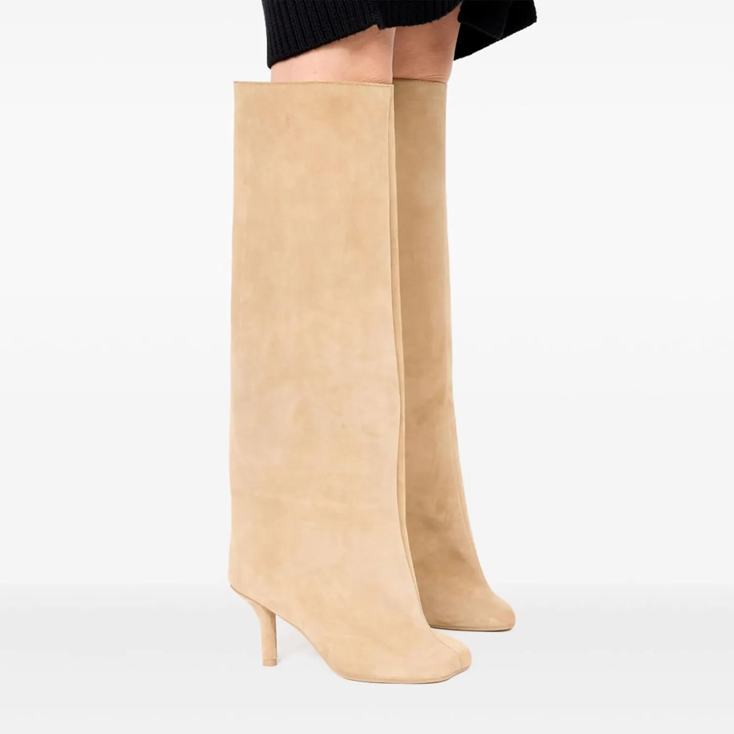 Women's Knee High Boots Nude Suede Wide Calf Stiletto Long Booties Square Toe Pull On High Heel Riding Boots for Women Ladies Fahion Dress Tall Boots