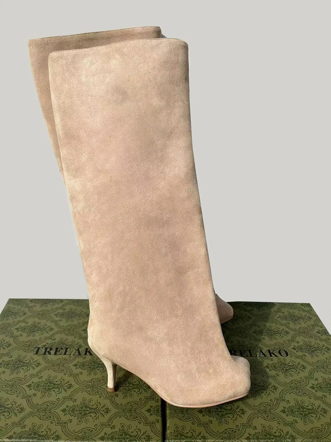 Women's Knee High Boots Nude Suede Wide Calf Stiletto Long Booties Square Toe Pull On High Heel Riding Boots for Women Ladies Fahion Dress Tall Boots