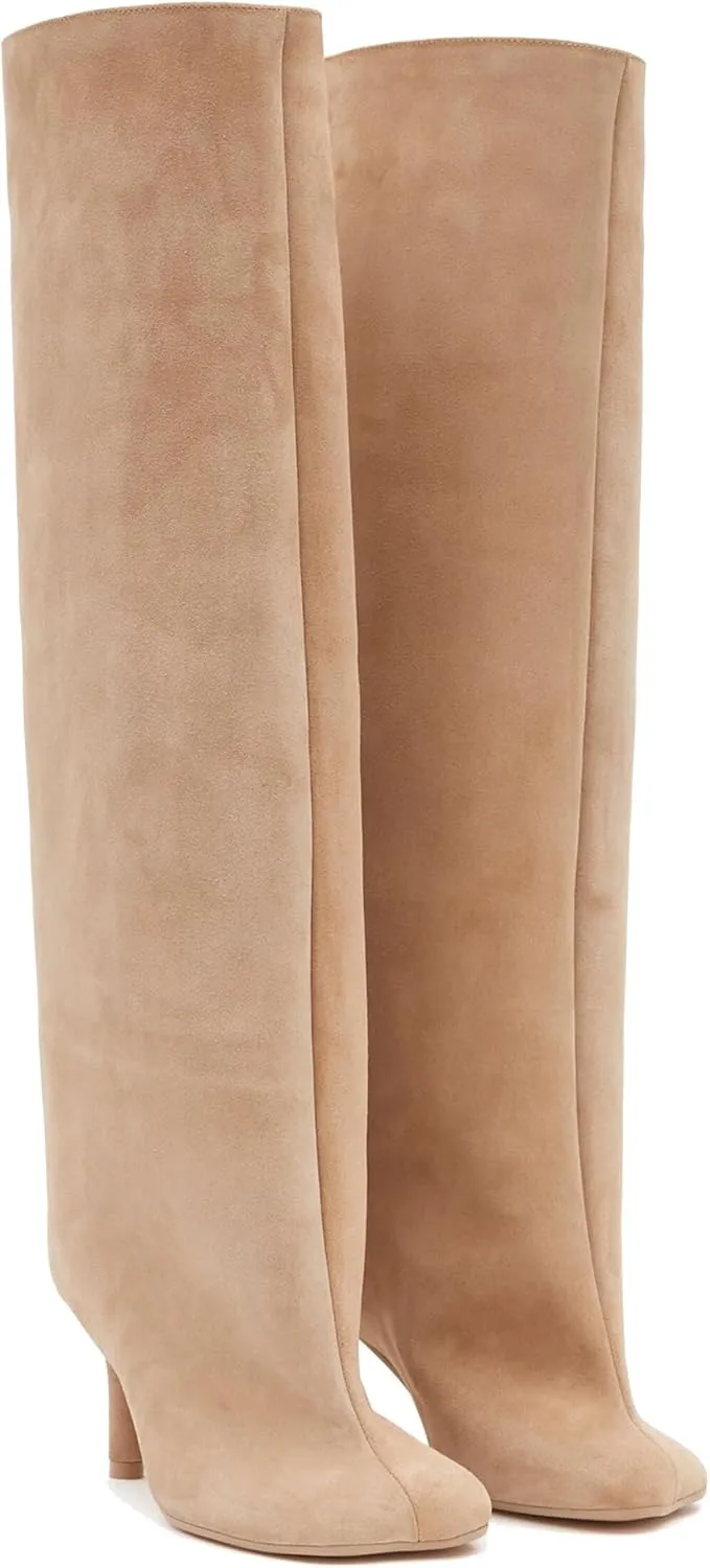 Women's Knee High Boots Nude Suede Wide Calf Stiletto Long Boots Pull On High Heel Riding Boots Fashion Boots Comfortable Square Toe Ladies Boots.