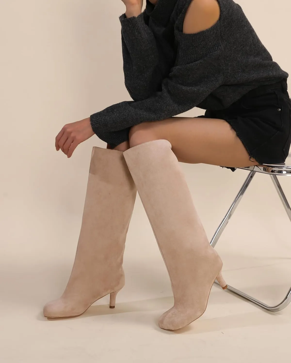 Women's Knee High Boots Nude Suede Wide Calf Stiletto Long Boots Pull On High Heel Riding Boots Fashion Boots Comfortable Square Toe Ladies Boots.