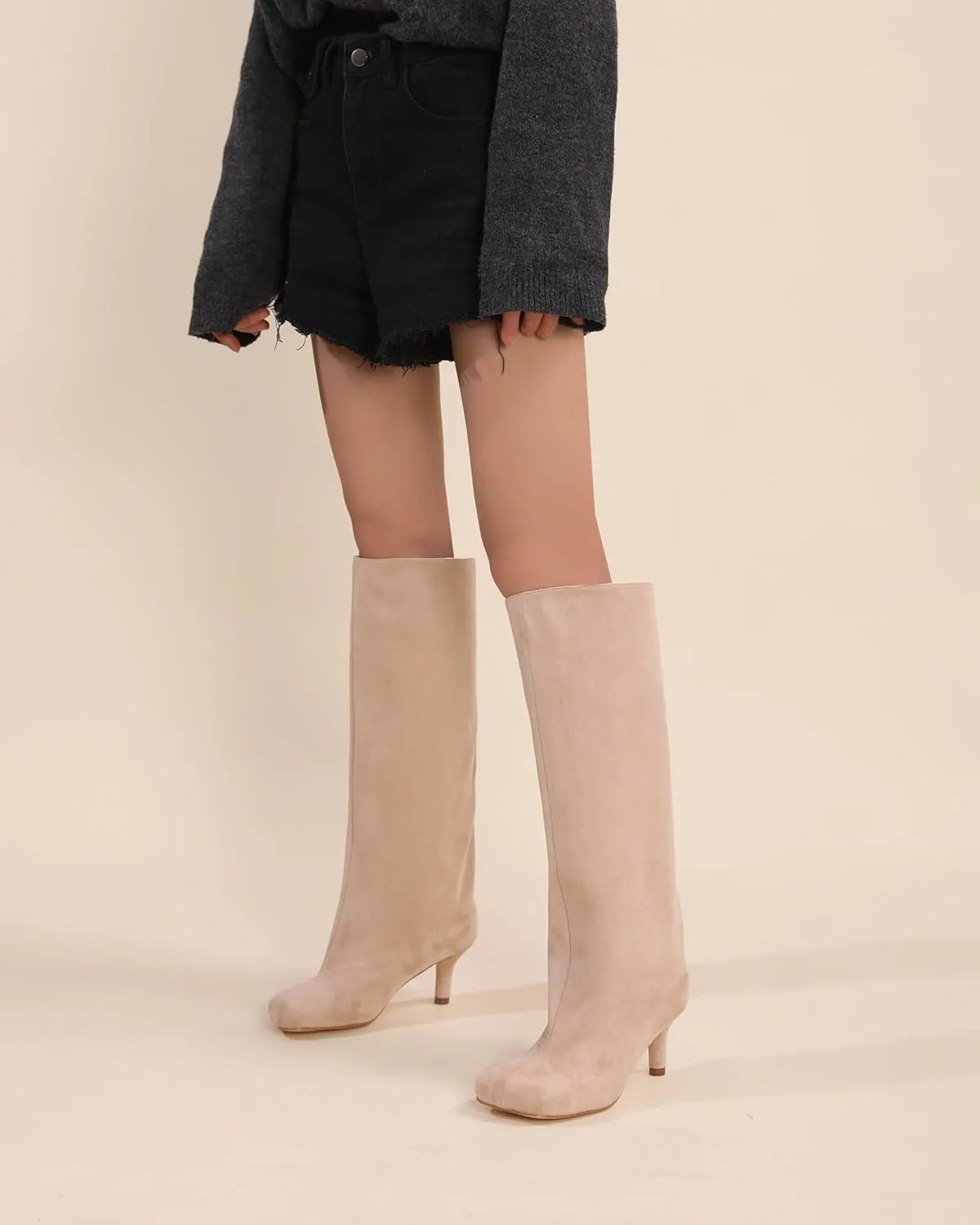 Women's Knee High Boots Nude Suede Wide Calf Stiletto Long Boots Pull On High Heel Riding Boots Fashion Boots Comfortable Square Toe Ladies Boots.
