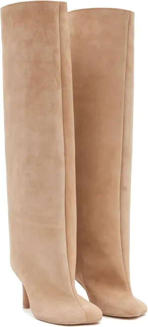Women's Knee High Boots Nude Suede Wide Calf Stiletto Long Boots Pull On High Heel Riding Boots Fashion Boots Comfortable Square Toe Ladies Boots.