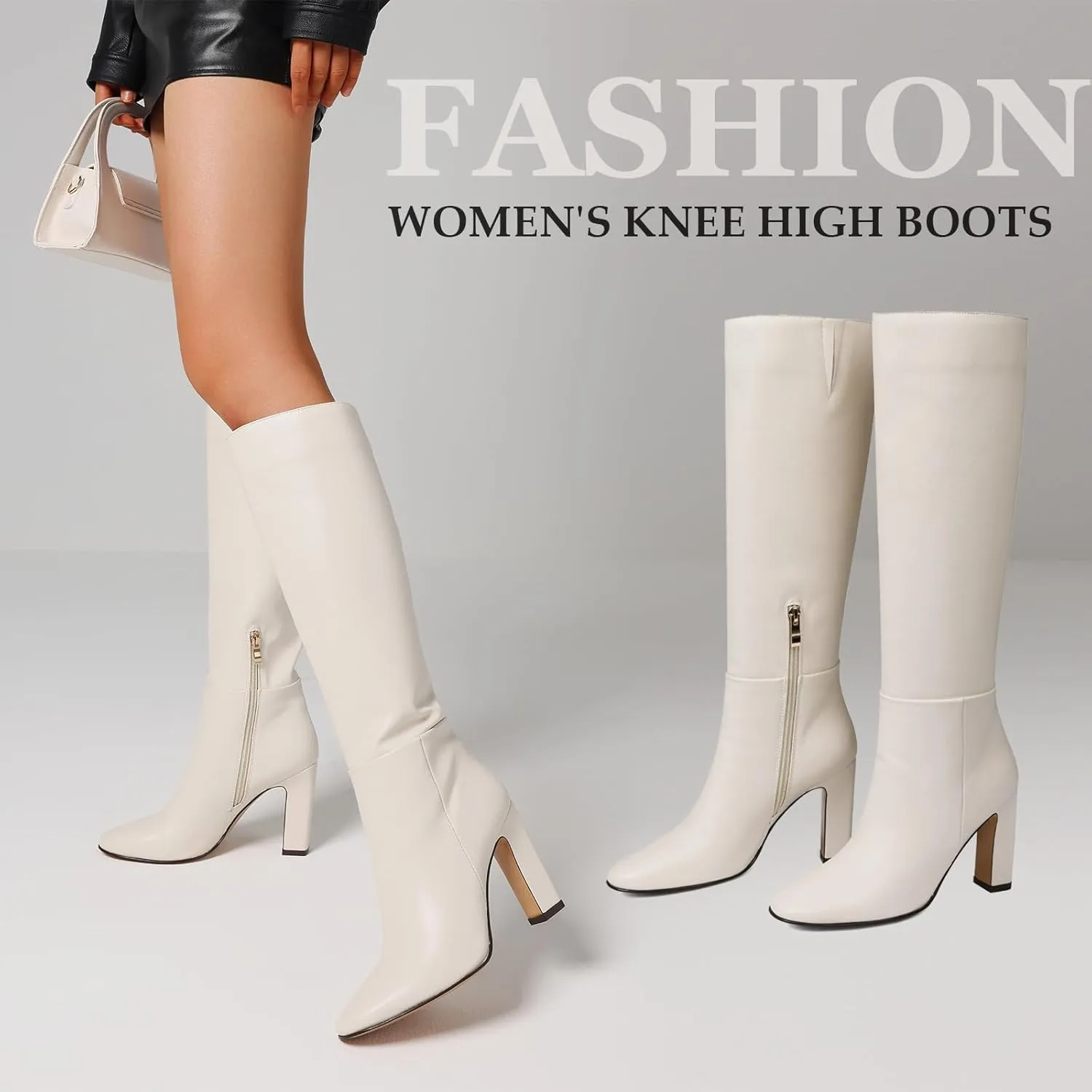 Womens Knee High Boots Round Toe Tall Boots Block High Heel Boots Side Zipper Long Boots Comfortable Fashion Dress Boot